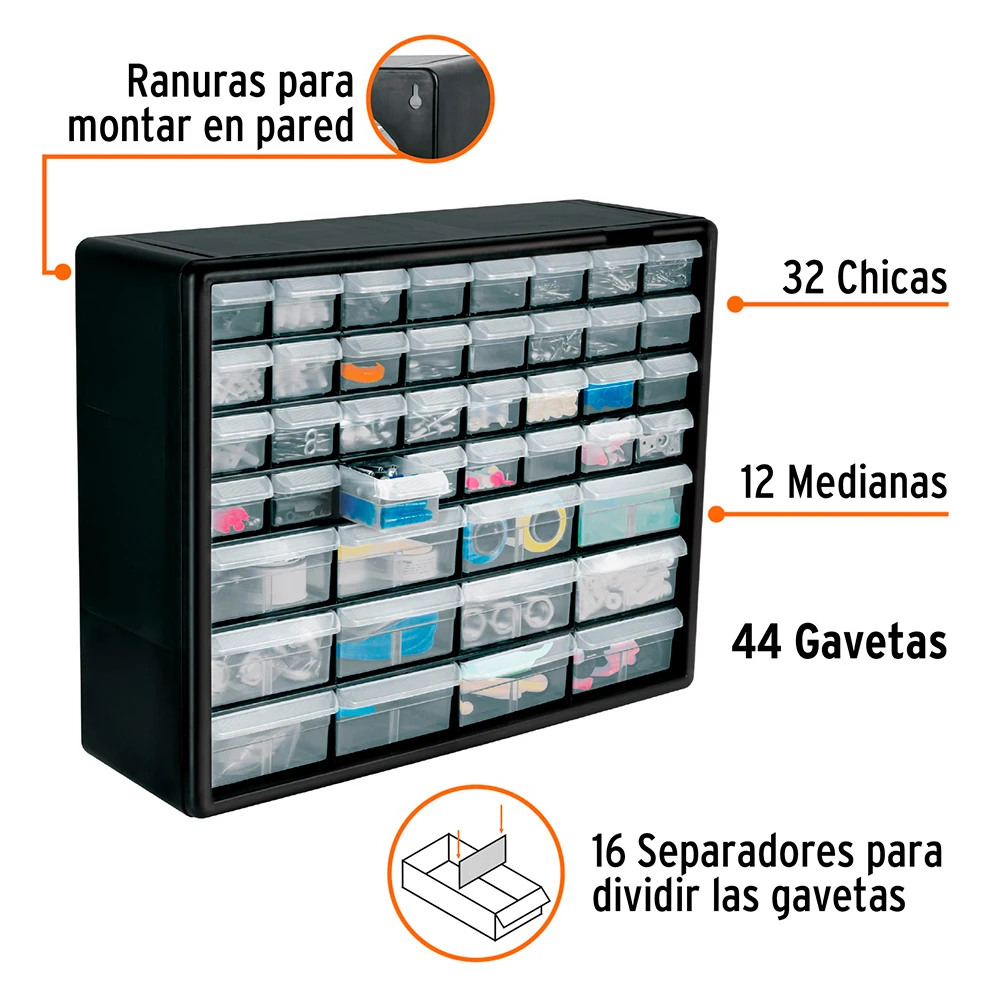  Organizador Gavetero de niveles con 44 gavetas, truper 
