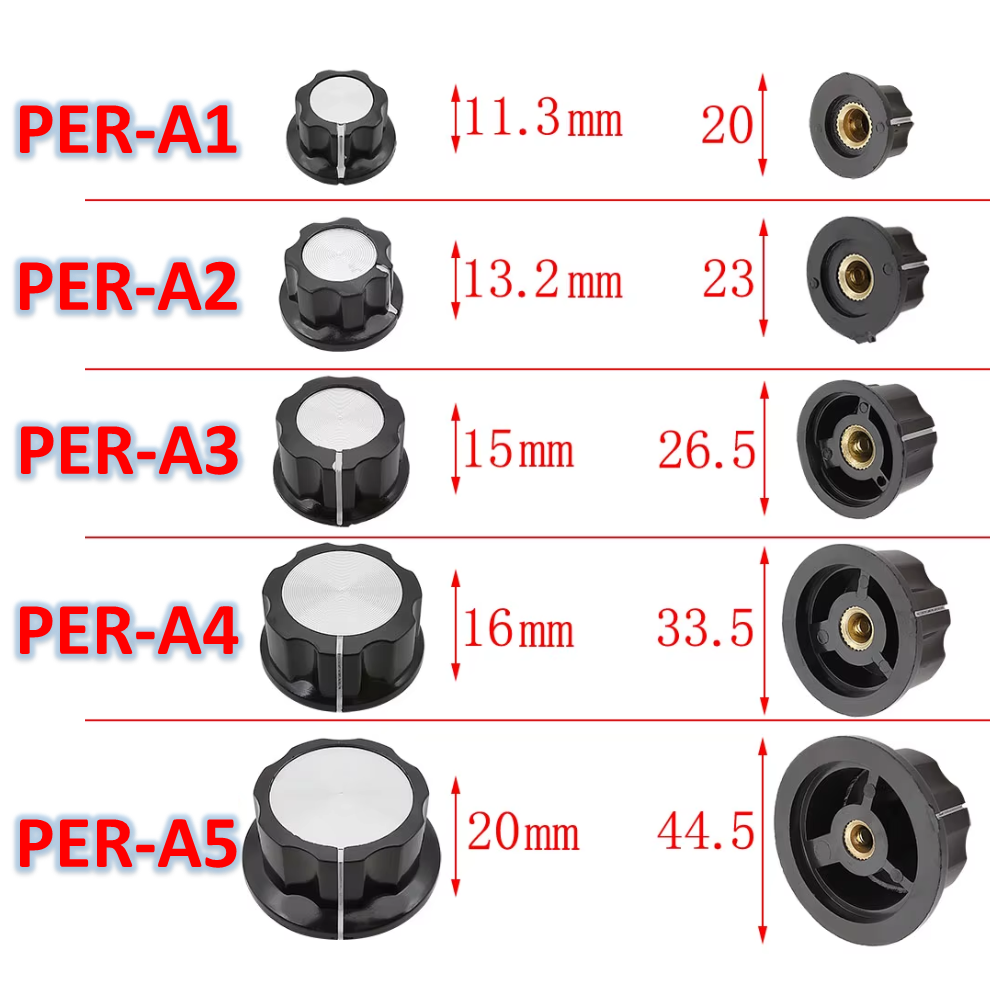 Perilla Plastica para Potenciometros de Eje de 6.3mm. Dimensiones: 23x13mm