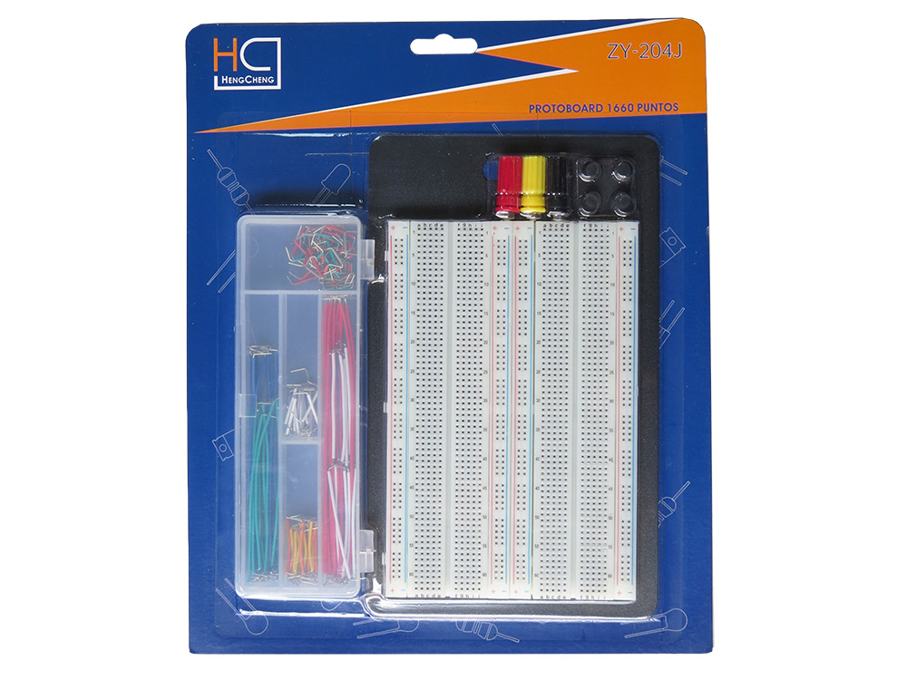 Protoboard Doble 1660 Puntos C Base de Metal Cables Jumpers y Bananas 
