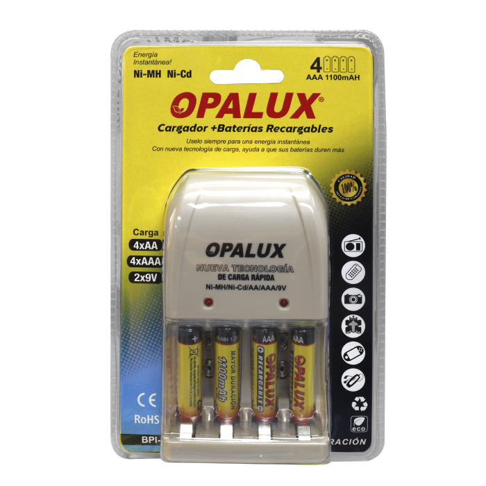 Cargador De Pilas Aa/Aaa/9V "OPALUX" Ni-Mh/Ni Ul + 4 Pilas Nh-Aa