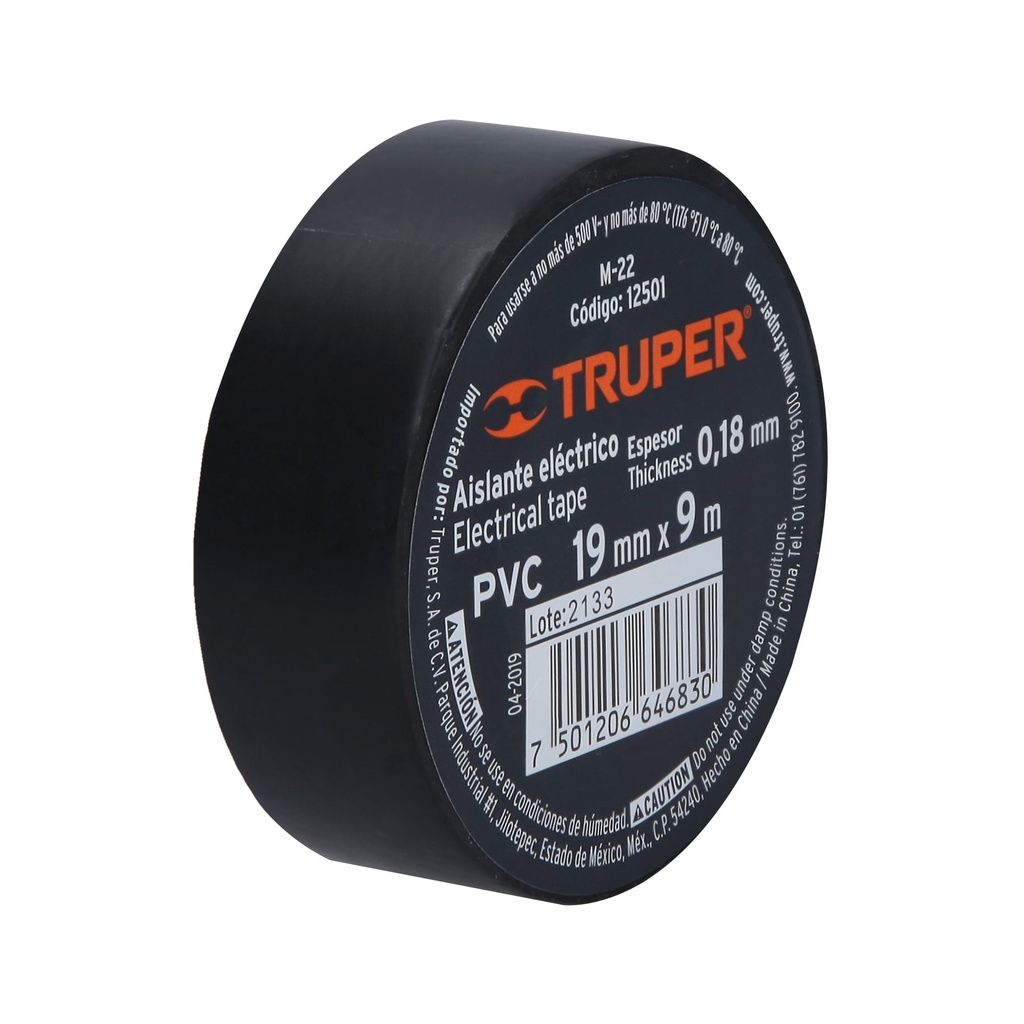 Cinta Aislante de 9 m x 19 mm, Negra, TRUPER 12501