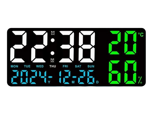Reloj Display Indicador de Hora/Fecha, Temperatura y Humedad, Despertador Termómetro Higrómetro, 35x15x2.8cm