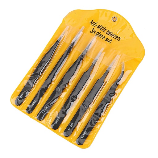 [ESD-6in1] Set de 6 Pinzas Antiestaticas de Acero para Electronica, Estuche