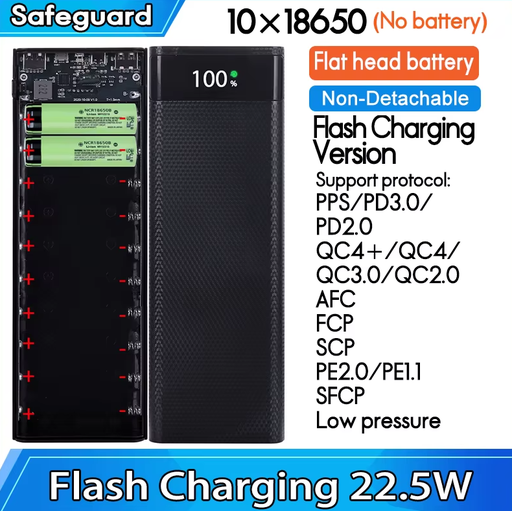 [CASE10-22.5W] Case para 10 Batería 18650 USB C, 5V, 22.5W El. Fr.